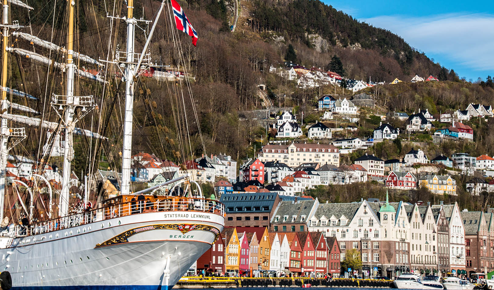 Seilskuta Statsraad Lemkuhl med Bryggen i Bergen i bakgrunnen. 