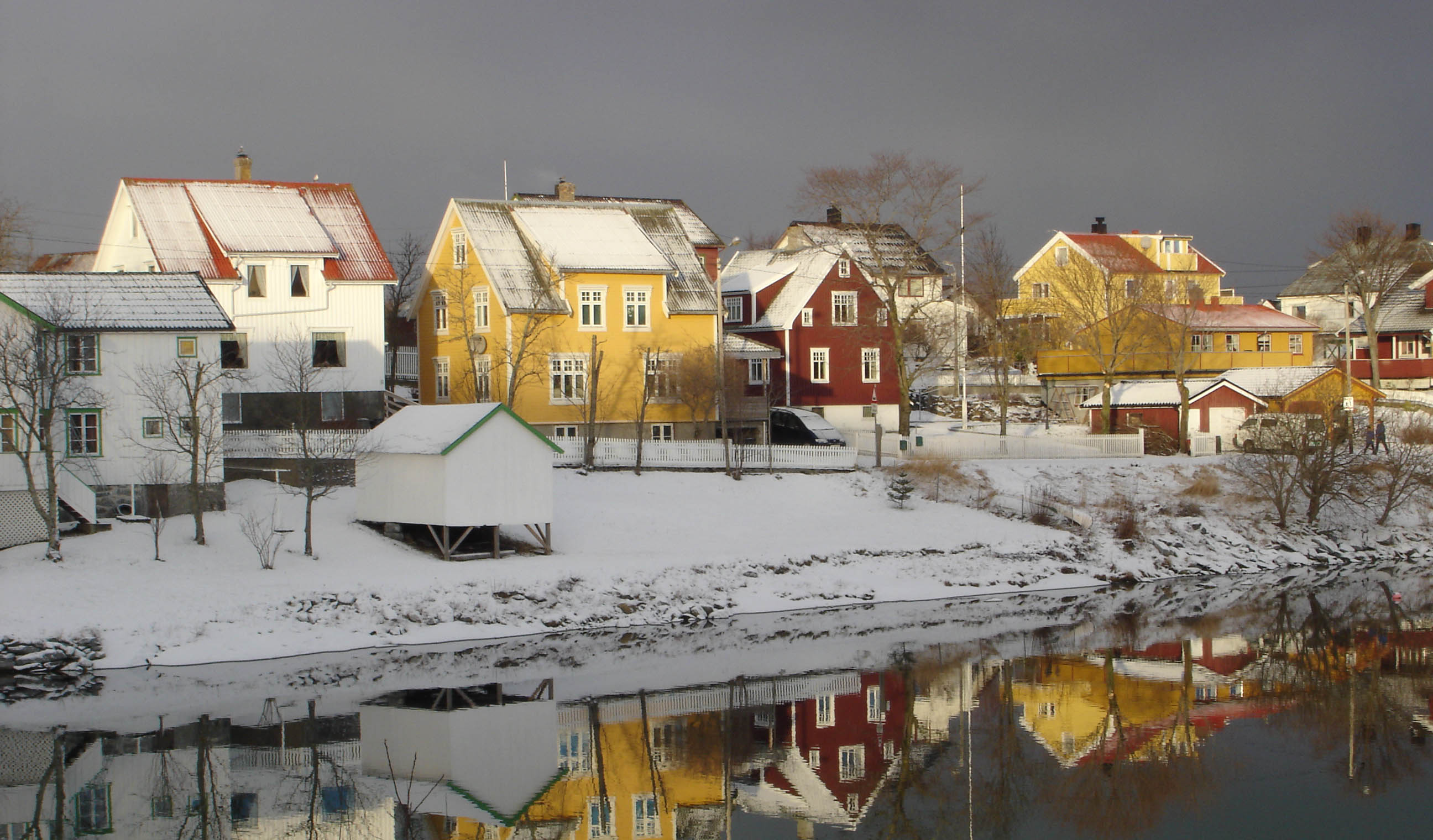 Colorful houses in the small town of Brønnøy at winter..