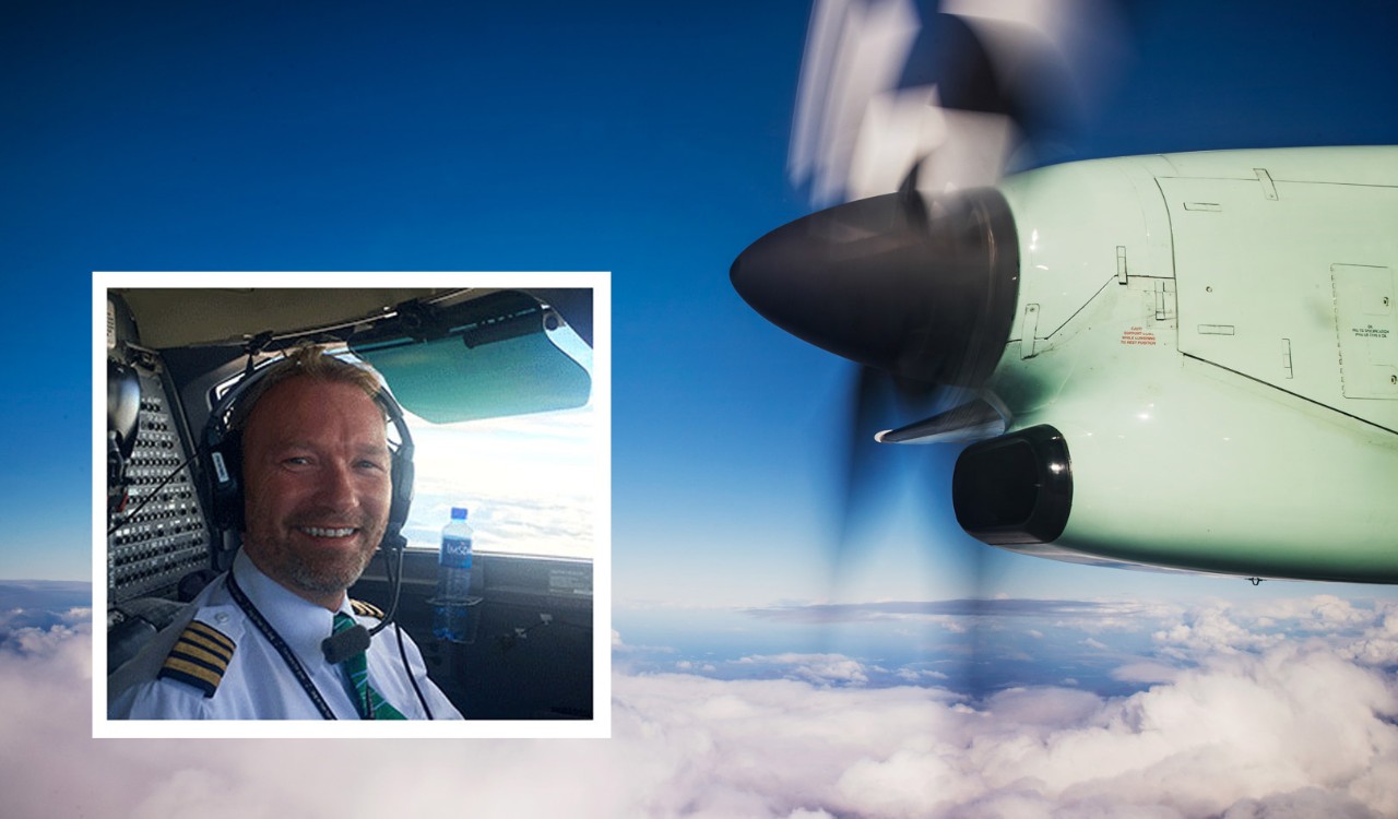 Fotomontasje av kaptein Bjørn Johnsen ved en Widerøe flypropell i lufta. Photo montage of Bjørn Johnsen by a Widerøe airplane propeller in air.