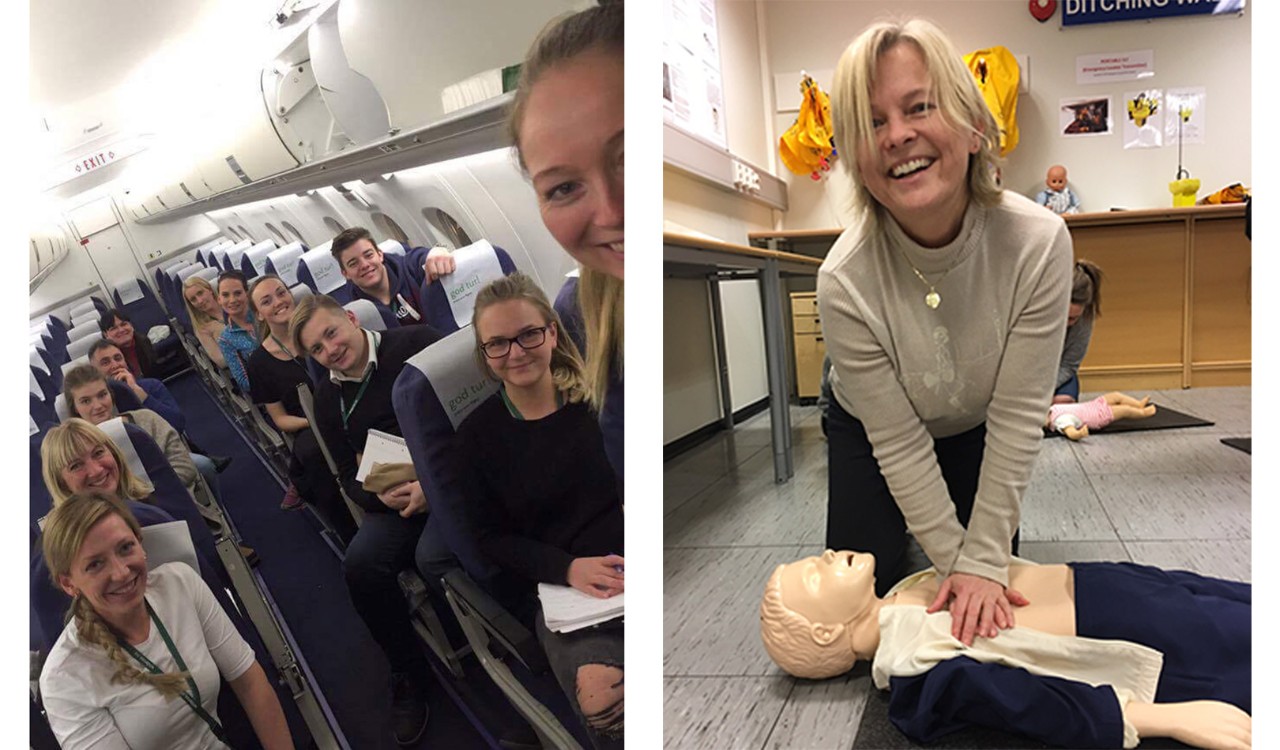 Fotomontasje av deltakere på et kabinkurs og en kabinansatt som demonstrerer hjerte-lunge redning på en dukke. Photo montage of participants in a Widerøe cabin course  and a employee demonstrating cardiac resuscitation.