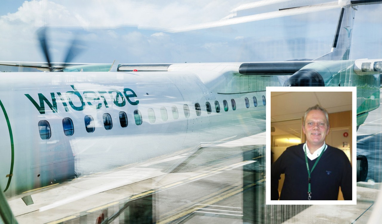 Fotomontasje av Endre Solheim ved Widerøes-operasjonssenter og et widerøe-fly på en flyplass. Photo montage of Endre Solheim and a Widerøe airplane on the airport.