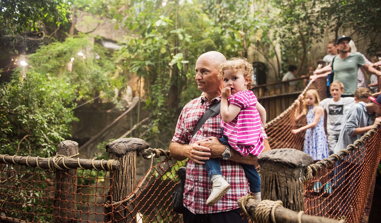 Familier I regnskog I opplevelsessenteret Universeum I Göteborg. Families in rain forest of the theme park Universeum in Gothenburg.