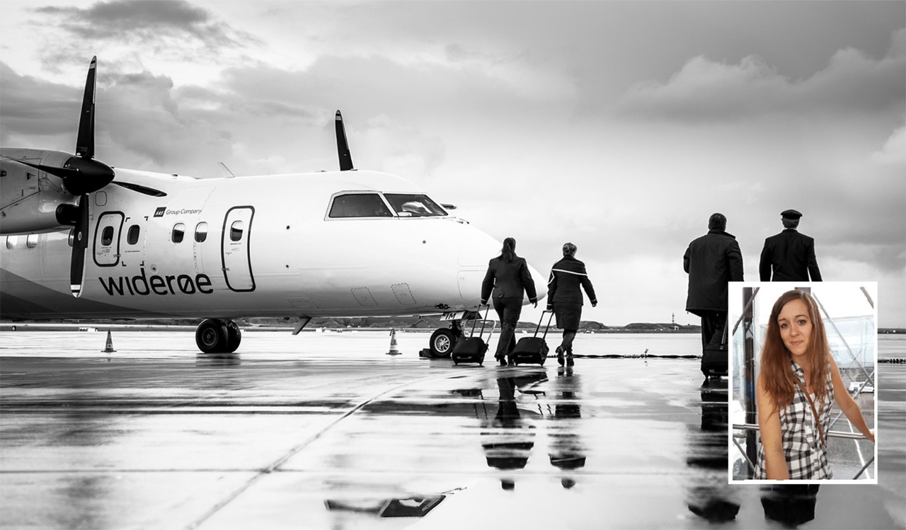 Widerøe crew utenfor et fly og Trude Myklevold fotomontasje. Widerøe crew entering an air craft and Trude Myklevold photo montage.